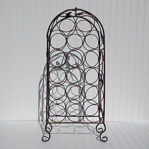 Tall Wine Rack Black Gold Wrought Iron with Grape Leaves 17 Bottle Holder Vtg